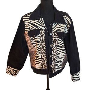 New Identity Women's Black Animal Print Trim Cotton Blend Button Jacket Large